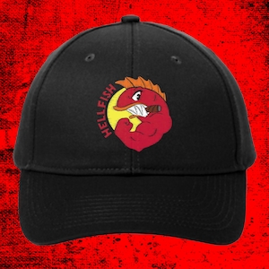 May include: Black baseball cap with an embroidered red fish with a cigar in its mouth and the word "HELLFISH" in yellow lettering.