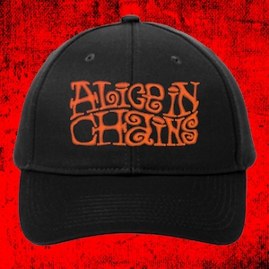 May include: Black baseball cap with the orange text "ALICE IN CHAINS" embroidered on the front. The cap has a curved brim and a button on top. The background is a textured red.