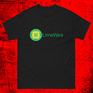 May include: Black t-shirt with a green lime graphic and the text "LimeWire" in white.