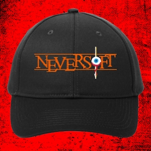 May include: Black baseball cap with an orange embroidered logo that says "NEVERSOFT" with a white eye and red blood drop graphic.