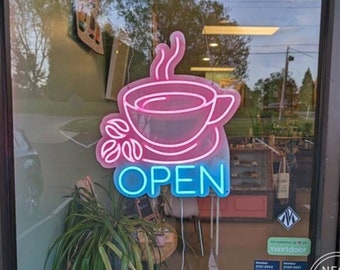 Led-neonbord koffie open: aangepast café-bardecor