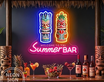 Welcome To Tiki Summer Bar Neon Sign, Custom Tiki Hut LED Neon Light, Tiki Lounge Beach Bar Wall Decor, Backyard Man Cave Pool Bar Sign