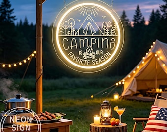 USB Engraved Camping Is Our Favorite Season Neon Sign, Custom Camping LED Light, Campsite Decor, Camper Cabin Sign, Campground Welcome Sign