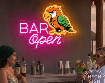Bar Open Parrot Neon Sign, Custom Parrot LED Neon Light, Neon Bar Sign, Tiki Bar Decor, Tropical Beach Bar Wall Decor, Cocktail Bar Sign