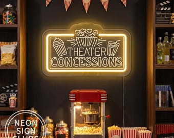 Theater Concessions Neon Sign, Cinema Food Bar Neon Light, Movie Room Decor,Home Movie Theater Film Room Decor,Popcorn Drinks Snack Bar Sign