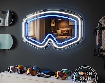 Ski Goggles Mirror Neon Sign, Custom Snowboard Goggles Mirror Neon Light, Ski Cabin Decor, Skiing Wall Art, Man Cave Decor, Gifts For Skiers