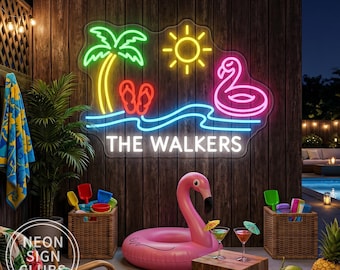 Personalized Flamingo Palm Tree Name Neon Sign, Family Name LED Light, Tropical Pool Bar Patio Decor, Summer Beach House Decor, Summer Gift