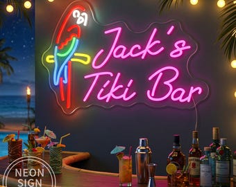 Personalized Parrot Tiki Bar Name Neon Sign, Neon Bar Sign, Tiki Lounge Decor, Tropical Pool Bar Beach Bar Wall Decor, Cocktail Bar Decor