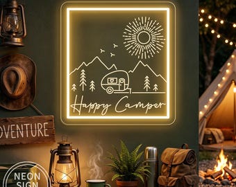 USB Engraved Happy Camper Neon Sign, Custom Camping LED Light, Campsite Decor, RV Camper Decor, Camper Cabin Sign, Campground Welcome Sign