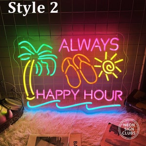 Letrero de neón Always Happy Hour, letrero de neón personalizado para bar Tiki junto al mar, letrero de bar de playa de verano, luz de neón LED de árbol de coco para decoración de bar en el hogar