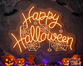 Happy Halloween Spiderweb Neon Sign, Custom Halloween LED Neon Sign, Spooky Wall Decor, Halloween Party Home Wall Art, Halloween Gifts