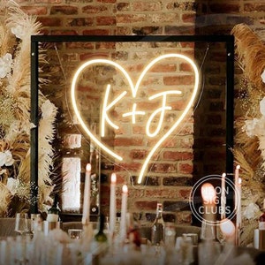 Letrero de neón para boda con forma de corazón y iniciales personalizadas/Letrero de neón con forma de corazón y luces LED con iniciales de pareja/Decoración de neón para boda/Letrero de neón con iniciales de boda personalizado