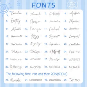 May include: A light blue background displays a grid of 36 font styles, each with a unique name. The word "FONTS" is at the top. The text "The following font, not less than 20IN(50CM)" is at the bottom.