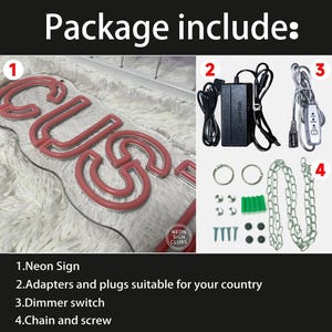 Peut inclure: Enseigne au n&eacute;on rouge avec le mot "CUS", accompagn&eacute;e d'adaptateurs, d'un variateur et de cha&icirc;nes et vis. Le texte "Package include:" est en haut de l'image et "NEON SIGN CLUBS" en bas.