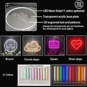 May include: Customizable LED neon signs with a transparent acrylic base plate. Available in round, cloud, square, and heart shapes. Features 3D engraved text and patterns illuminated by neon lights. Choose from 11 colors.