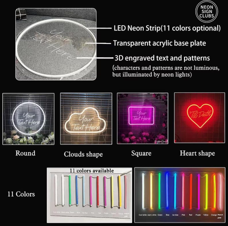 May include: Customizable LED neon signs with a transparent acrylic base plate. Available in round, cloud, square, and heart shapes. Features 3D engraved text and patterns illuminated by neon lights. Choose from 11 colors.