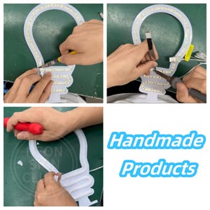 May include: A series of four images showing the assembly of a white LED light shaped like a lightbulb. The images show the process of soldering and connecting the LED lights. The text "Handmade Products" is in the bottom right corner.