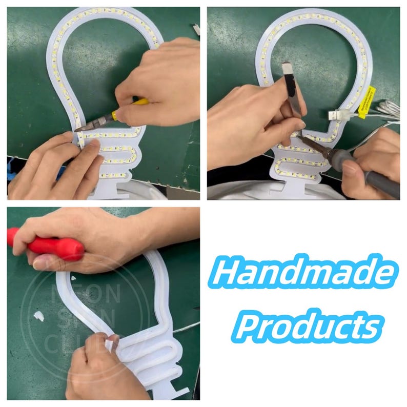May include: A series of four images showing the assembly of a white LED light shaped like a lightbulb. The images show the process of soldering and connecting the LED lights. The text "Handmade Products" is in the bottom right corner.