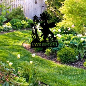 Estaca de metal personalizada para jardín con forma de conejo, letrero de bienvenida para jardín, arte de metal para jardín con forma de conejo, letrero personalizado con forma de conejo para Pascua, regalo para abuelos