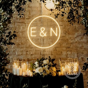 Letrero de neón de boda con iniciales personalizadas, iniciales con luz de neón circular, decoración de fondo de boda personalizada, letrero de boda minimalista, regalos de boda