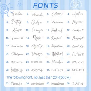 May include: A light blue background displays a variety of cursive fonts, numbered 1-36, with names like Barcelona, Amanda, and Alexa. The text "FONTS" is at the top, with "NEON SIGN CLUBS" in a circle. The text "The following font, not less than 20IN(50CM)" is also present.