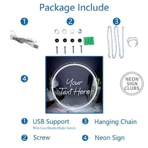 May include: A package including a neon sign with the text "Your Text Here", a USB support, screws, a hanging chain, and other accessories. The sign is circular with a white neon glow.