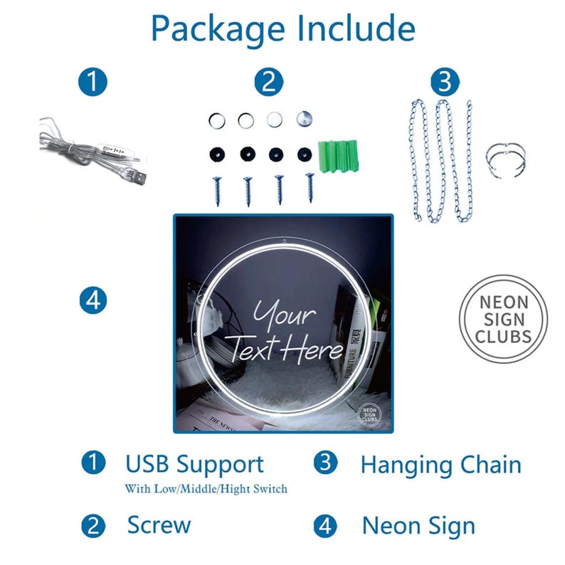 May include: A package including a neon sign with the text "Your Text Here", a USB support, screws, a hanging chain, and other accessories. The sign is circular with a white neon glow.