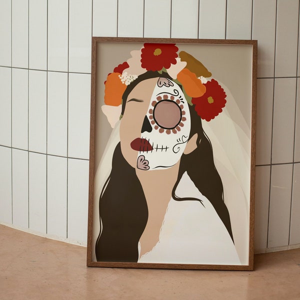 Catrina Mexicaine Feuille décorative minimaliste et élégante en fous neutres | Art mural esthétique neutre