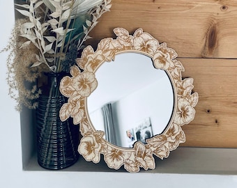 Miroir rond avec cadre en bois, bordure florale, miroir décoratif bohème moderne, V03