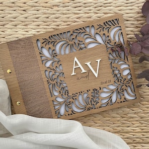 Livro de visitas de casamento personalizado feito de madeira, letras 3D em acrílico, livro de memórias, livro de visitas de casamento, V03