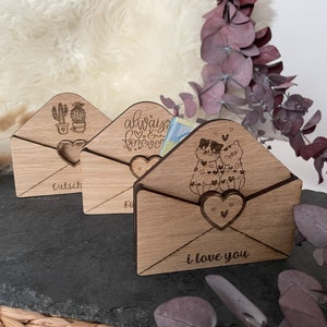 Geldgeschenk aus Holz, Geschenk zum Jahrestag, Gutschein, Partnergeschenk, Liebesbrief, Liebesbotschaft, Geschenk zum Hochzeitstag, V06