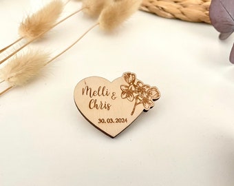 Coeur d'épingle de mariage, cadeau d'invités de mariage en bois, épingle en bois, marque-places, V03