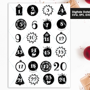Könnte beinhalten: Ein schwarz-weiß Adventskalender-Design mit den Zahlen 1 bis 24 in verschiedenen Formen, darunter Häuser, Kreise und Weihnachtsbäume. Das Bild enthält auch den Text "Digitale Datei für Lasercutter oder Plotter SVG, EPS, DXF, PNG".