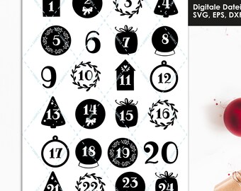 SVG Advent calendar file, laser cut file numbers, plotter file Advent, laser template winter, Christmas, svg, dxf, eps, png set