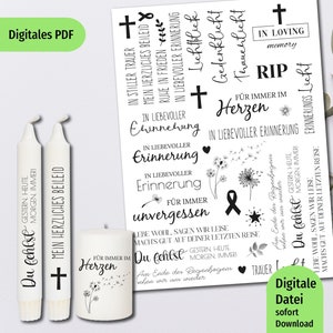 Tattoo foil mourning condolences for candles, candle foil consolation, glass, porcelain DIN A4, candle tattoo remembrance, rub on sticker, PDF template