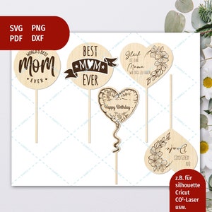 SVG Datei Blumenstecker, Laserdatei Caketopper Mama, Topf Stecker, Blumenstrauß Stecker, Set Bundle DXF, Dankeschön, Abschiedsgeschenk