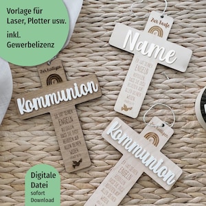 SVG file cross for baptism, laser file communion, communion gift with name, money gift plotter, DXF, including commercial license
