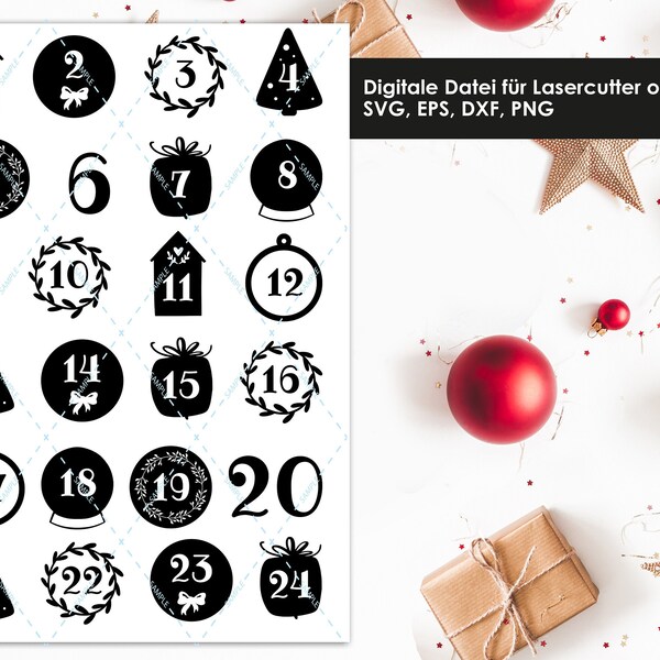 Adventskalender Zahlen Plotterdatei, Laser Cut Template, Weihnachten, svg, dxf, eps, png Set