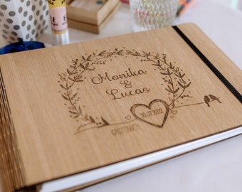 Guestbook Wedding with questions made of wood, memory book personalized DIN A4