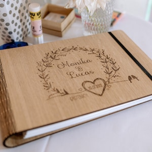 Guest book wedding with questions made of wood, memory book personalized DIN A4, V01