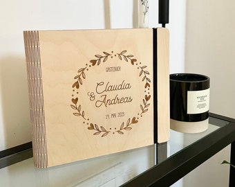 Wedding guest book with questions made of wood, personalized memory book, V03