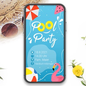Invito Festa in Piscina - cartolina digitale da scaricare, inviare online tramite Whatsapp Messenger, After Corona Party, cartolina, stampare da soli