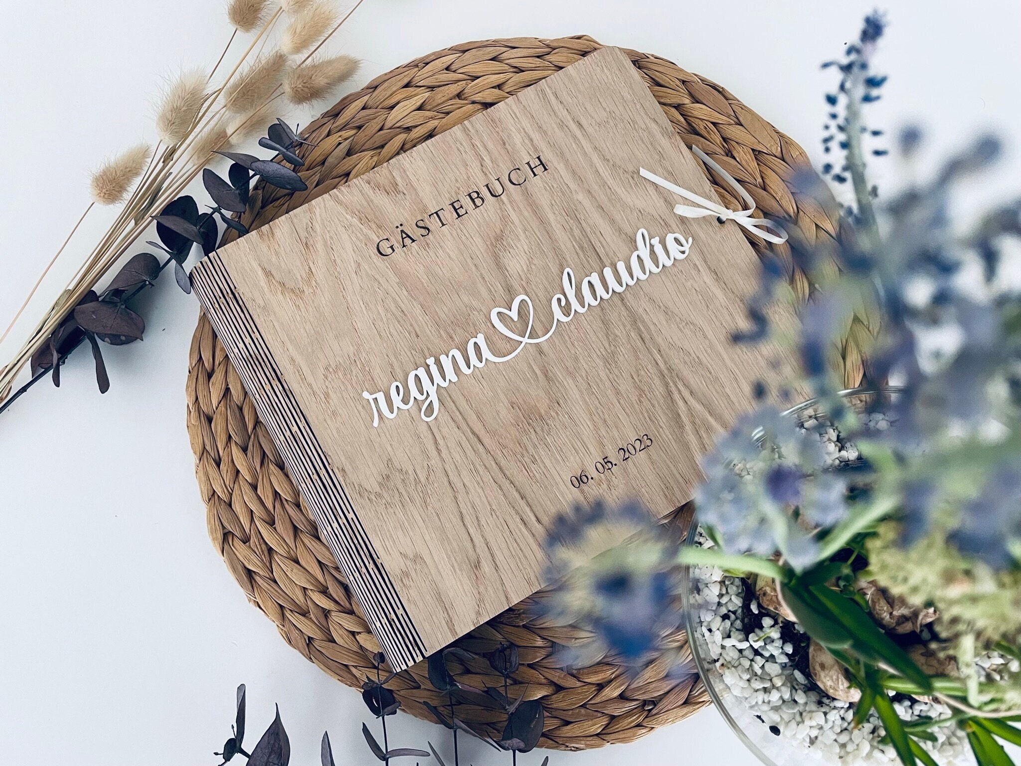 Wedding guest book with questions made of wood, 3d lettering acrylic, personalized memory book, V03