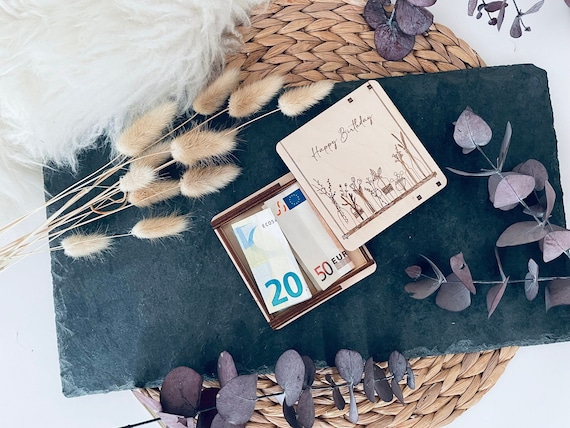 ZUKLA Piccola confezione per regali di denaro compleanno 12 x 8 cm – regalo di denaro imballaggio legno – fatto a mano – buono regalo
