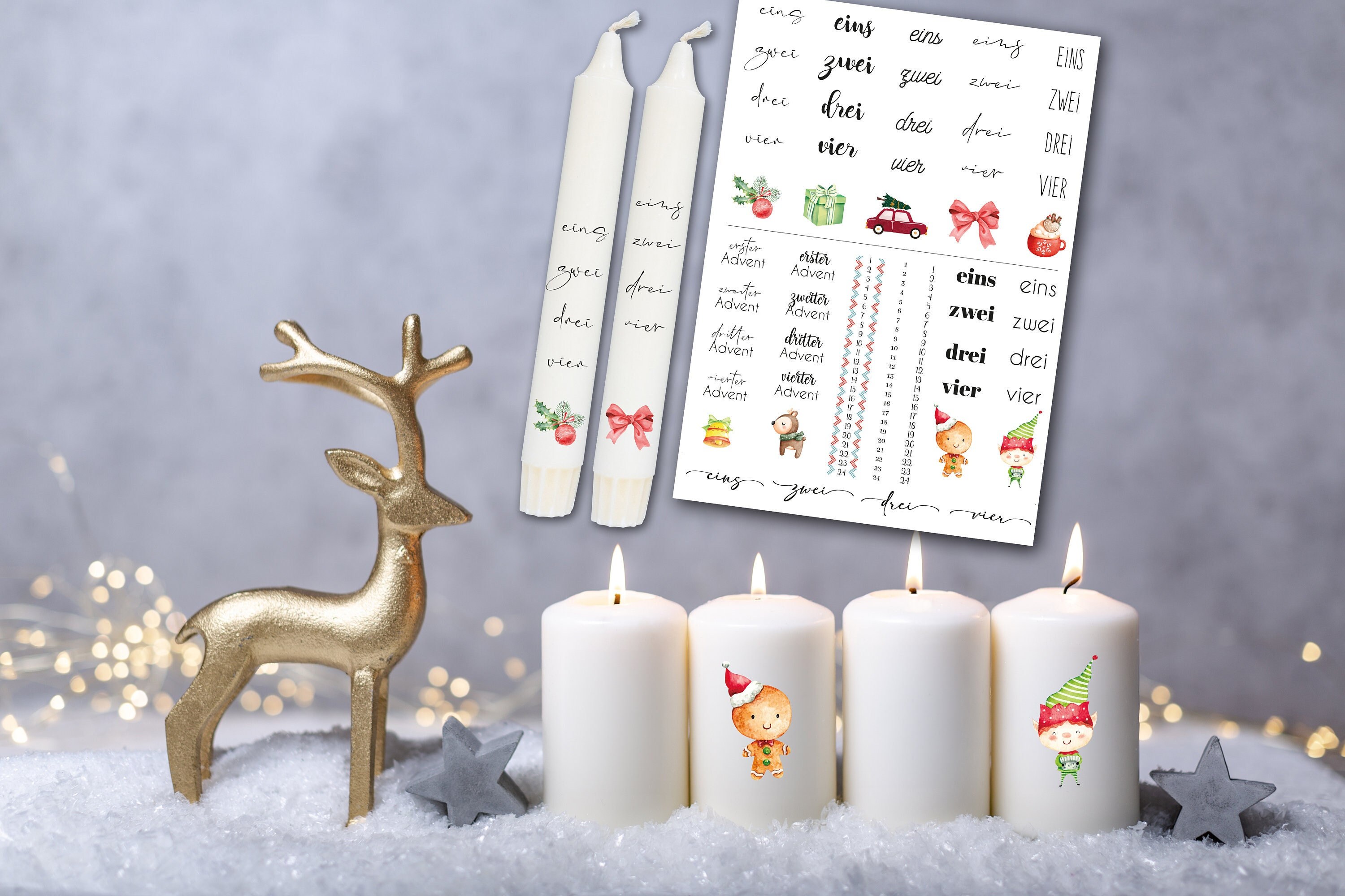HOWAF 6 Tatuaggi Per Candele Di Natale – Fogli Transfer Con Motivi Calendario Avvento 1-24, Babbo Natale, Renne – Per Decorare Candele E Regali - 2