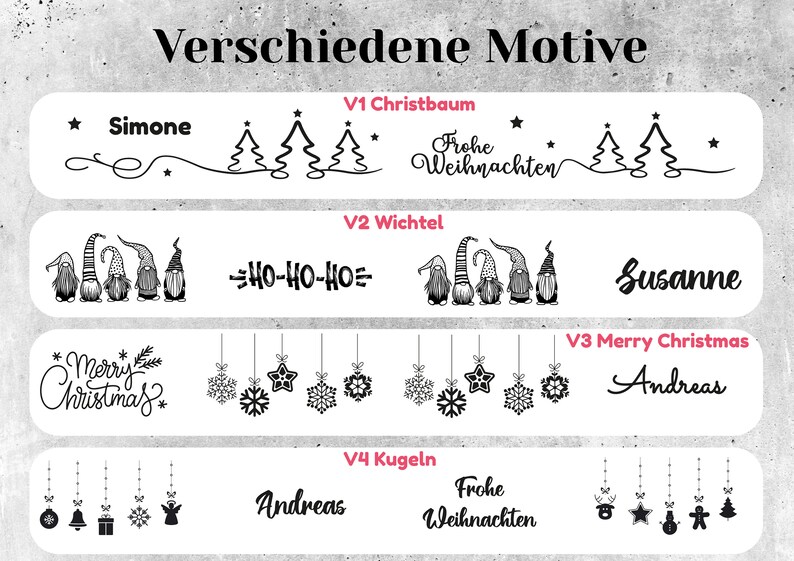 Puede incluir: Un dise&ntilde;o gr&aacute;fico con elementos navide&ntilde;os. El dise&ntilde;o incluye texto como "Simone", "Merry Christmas" y "Andreas", junto con ilustraciones de &aacute;rboles de Navidad, gnomos y adornos. El texto "Verschiedene Motive" est&aacute; en la parte superior.