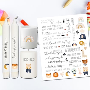 Candle tattoo birth, candle sticker baby, birth baby party, gift for birth, bear, elephant, moon, glass, porcelain DIN A4, souvenir, V06