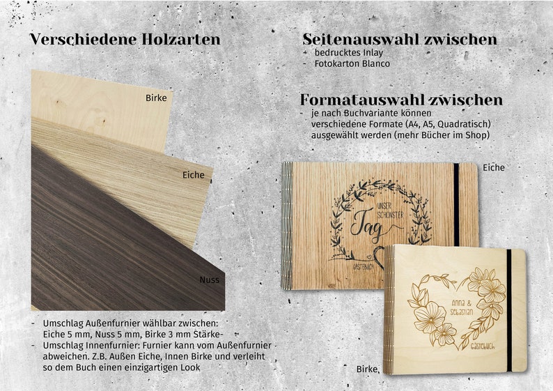 Gästebuch Hochzeit mit Fragen aus Holz, Erinnerungsbuch personalisiert, Geschenk zum Geburtstag, 3D Schriftzug, Acryl, DIN A4, V01 Bild 6