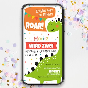 Invitación de cumpleaños infantil de Dino vía Whatsapp - tarjeta digital, p.e. Descargar para teléfono celular, teléfono inteligente, tarjeta electrónica, fiesta, folleto, dinosaurio, monstruo