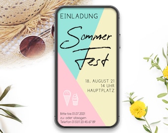 Invitation summer party, birthday - digital card for download, Whatsapp Messenger, card, print yourself, flyer, mint, retro, simple, ice